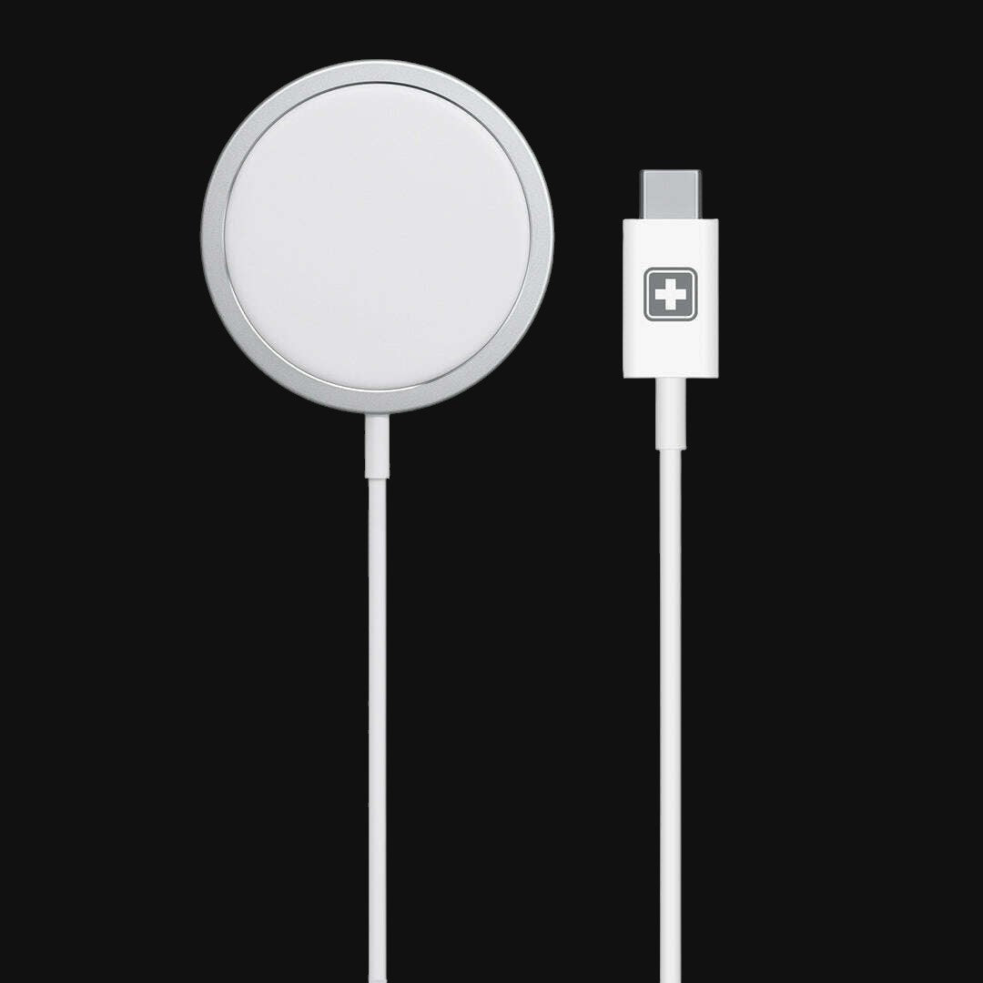 Swiss Military Audio SM MAG-PAD 15W wireless charger with Type C cable. Silver and white.