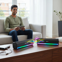 Swiss Military Audio SM BT SPEAKER ANCHA DUO, two black Bluetooth speakers with RGB lighting and TWS mode.