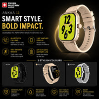 Swiss Military Audio ANKAA 11 smartwatch with a gold zinc alloy body and beige strap, featuring a 1.96-inch AMOLED display and Bluetooth calling.