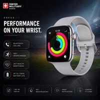 Swiss Military Audio ANKAA 7S smartwatch with 1.96" HD display, Bluetooth calling, 100+ sports modes, and IP67 water resistance. Light grey silicone strap.