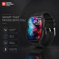 Swiss Military Audio ANKAA 9 smartwatch with a 2.01-inch IPS display, Bluetooth calling, heart rate monitor, and water resistance.