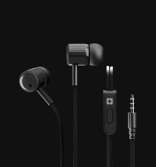 Swiss Military Audio black in-ear earphones with 3.5mm jack, integrated mic controls, and soft earbuds.