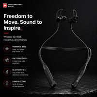 Swiss Military Audio black wireless neckband earbuds with 35-hour playtime and vibration function.