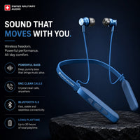 Swiss Military Audio blue neckband wireless earbuds with soft in-ear design and magnetic hall switch.