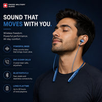 Swiss Military Audio blue neckband wireless earbuds with soft in-ear design, worn by a man.