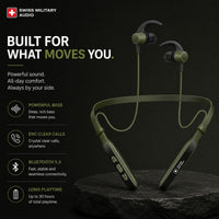 Swiss Military Audio green neckband wireless earbuds with metallic earpieces and in-line controls.