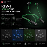Swiss Military Audio KIV-I green neckband wireless earbuds with magnetic tips and IPX4 water resistance.
