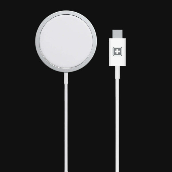Swiss Military Audio SM MAG-PAD 15W wireless charger with Type C cable. Silver and white.