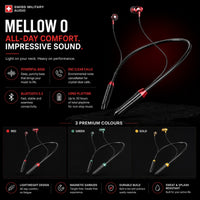 Swiss Military Audio SWISS NECKBAND - MELLOW-O wireless earbuds in red, green, and gold. Features dynamic bass, long playtime, and soft in-ear design.
