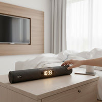 Swiss Military Audio Mortley Klok grey fabric soundbar with digital clock and alarm function, 20W Bluetooth 5.3 speaker.