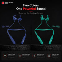 Swiss Military Audio SWISS NECKBAND wireless earbuds in navy blue and teal green, featuring long playtime and vibration function.