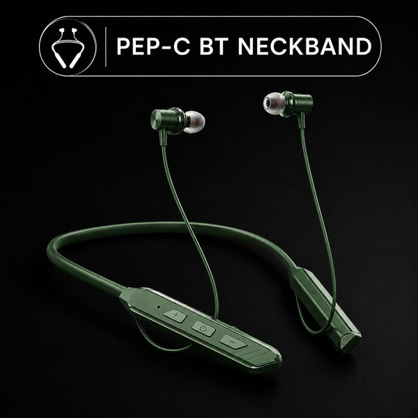 Swiss Military Audio PEP-C BT Neckband in dark green, featuring soft in-ear design and Type-C charging.