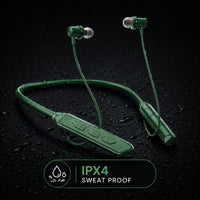 Swiss Military Audio SWISS NECKBAND PEP- C green wireless earbuds with soft in-ear design and IPX4 sweatproof rating.