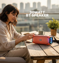 Swiss Military Audio orange portable Bluetooth speaker with 20W power, RGB lights, and TWS mode.
