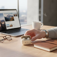Swiss Military Audio Pop Pods earbuds in a beige charging case. White and beige earbuds with active noise cancellation.