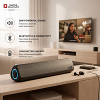 Swiss Military Audio Ryze 20W Bluetooth soundbar speaker with blue LED ring and TWS mode. Features 5.3 connectivity and long battery backup.