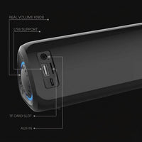 Swiss Military Audio Ryze 20W Bluetooth soundbar speaker with USB, TF card slot, Aux-in, and volume knob.