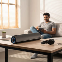 Swiss Military Audio RYZE 20W Bluetooth soundbar speaker with volume knob and blue LED ring. Black.