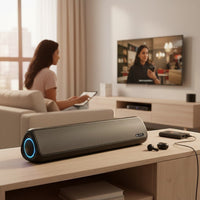 Swiss Military Audio RYZE 20W Bluetooth soundbar speaker with volume knob and blue LED ring. Black mesh front.