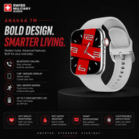 Swiss Military Audio Anakaa 7M smartwatch with a white band and a silver case. Features a 1.96" AMOLED display with a red and black watch face.
