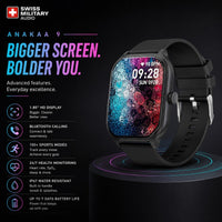 Swiss Military Audio Anakaa 9 smartwatch with a large 2.01-inch IPS display, Bluetooth calling, heart rate monitor, and IP67 water resistance.