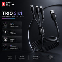 Swiss Military Audio Trio 3-in-1 charging cable with USB-A, USB-C, Micro USB, and Lightning connectors. Durable and fast charging.