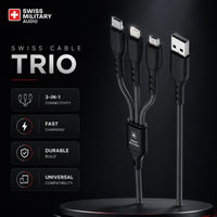 Swiss Military Audio black 3-in-1 charging cable with USB, Micro USB, Type-C, and Lightning connectors. Fast charge, durable build.