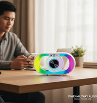 Swiss Military Audio UREE 10W Bluetooth speaker with RGB lights, TWS mode, USB, TF, Type-C charging, and FM radio.