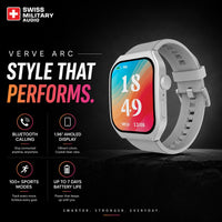 Swiss Military Audio Verve Arc smartwatch with a 1.96" AMOLED display, white band, and Bluetooth calling.