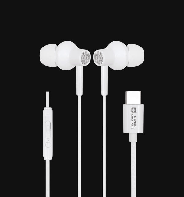 Swiss Military Audio white Type-C earphones with ergonomic design, integrated mic, and superior bass.