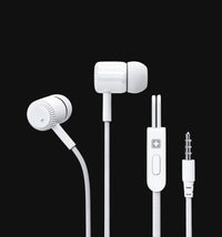 Swiss Military Audio white wired earphones with 3.5mm jack, ergonomic design, and integrated mic controls.