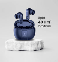 Swiss Military Audio Zeus Plus true wireless earbuds in navy blue with charging case. Features premium rubberized finish and 40-hour playtime.