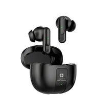 Swiss Military Audio Zeus Plus black true wireless earbuds with charging case, premium rubberized finish, and green LED indicators.