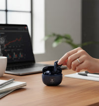 Swiss Military Audio Zeus Plus true wireless earbuds in navy blue with premium rubberized finish and touch controls.